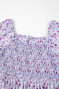 Lavender Floral Ruffly Short Sleeve Smocked Maxi Dress