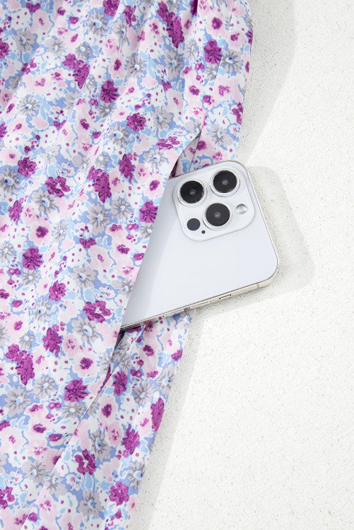 Lavender Floral Ruffly Short Sleeve Smocked Maxi Dress