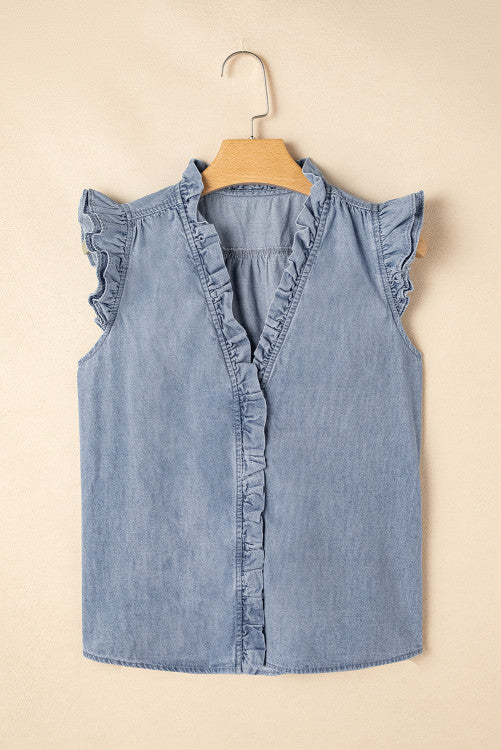 Medium Wash Ruffled V-Neck Flutter Sleeve Denim Top