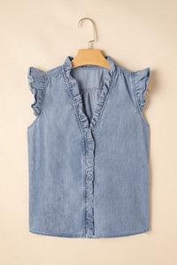Medium Wash Ruffled V-Neck Flutter Sleeve Denim Top