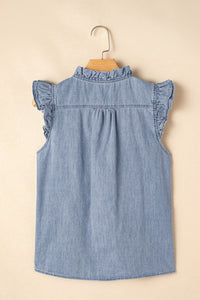 Medium Wash Ruffled V-Neck Flutter Sleeve Denim Top