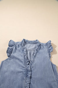 Medium Wash Ruffled V-Neck Flutter Sleeve Denim Top