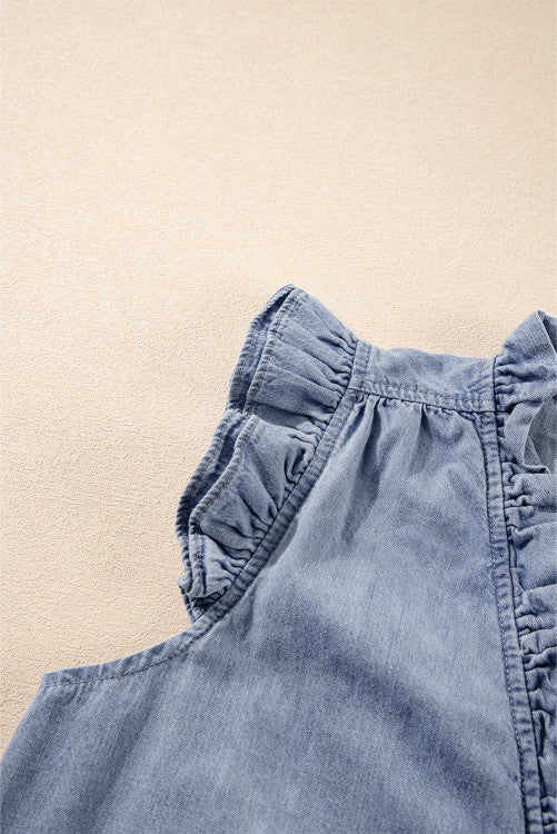 Medium Wash Ruffled V-Neck Flutter Sleeve Denim Top