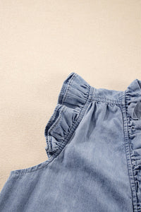Medium Wash Ruffled V-Neck Flutter Sleeve Denim Top
