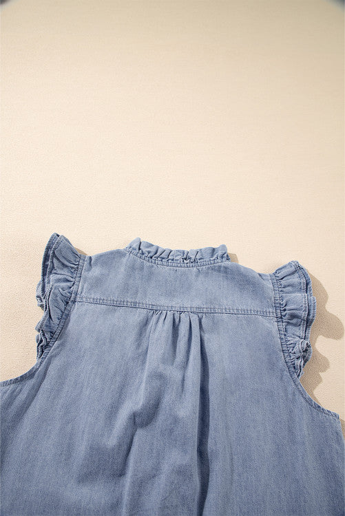 Medium Wash Ruffled V-Neck Flutter Sleeve Denim Top