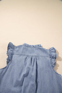 Medium Wash Ruffled V-Neck Flutter Sleeve Denim Top