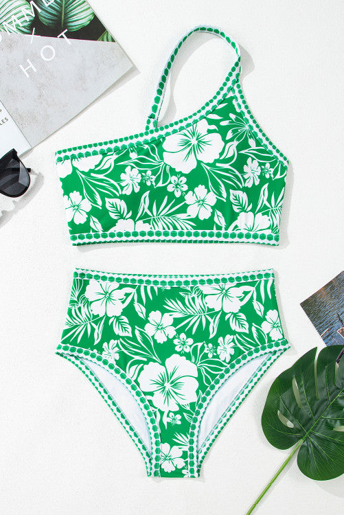 Green Floral Print One Shoulder High Waist 2-Piece Bikini