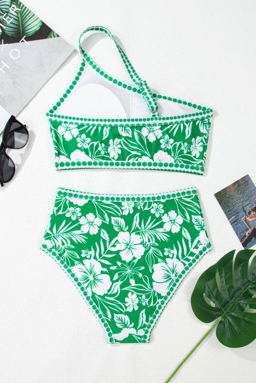 Green Floral Print One Shoulder High Waist 2-Piece Bikini