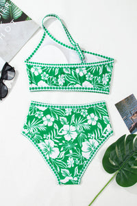 Green Floral Print One Shoulder High Waist 2-Piece Bikini