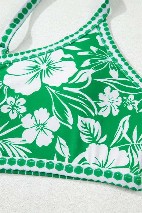 Green Floral Print One Shoulder High Waist 2-Piece Bikini