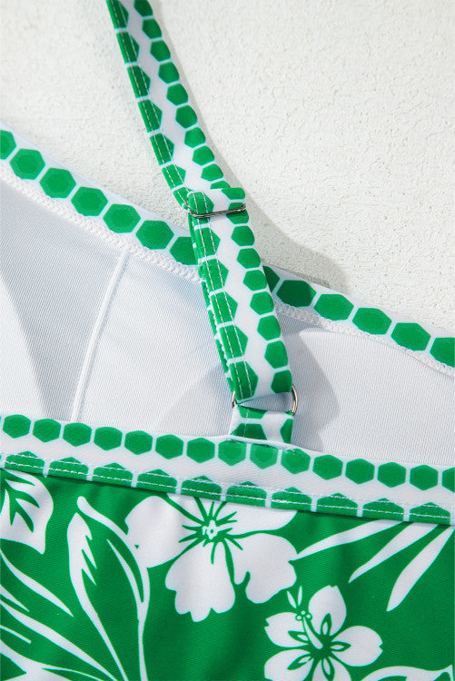 Green Floral Print One Shoulder High Waist 2-Piece Bikini