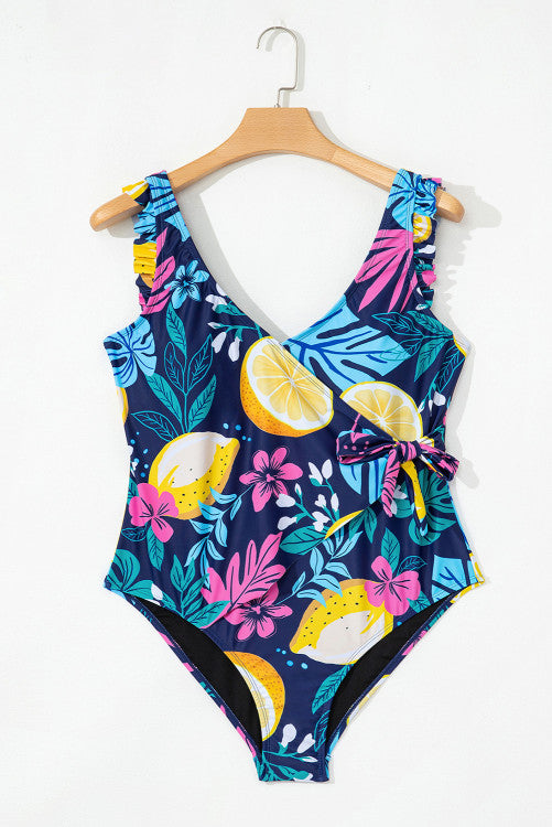 Navy Tropical Floral Plus Size V-Neck Wrap Knot Ruffled One-Piece Swimsuit