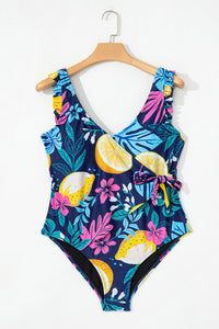 Navy Tropical Floral Plus Size V-Neck Wrap Knot Ruffled One-Piece Swimsuit