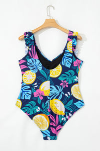 Navy Tropical Floral Plus Size V-Neck Wrap Knot Ruffled One-Piece Swimsuit