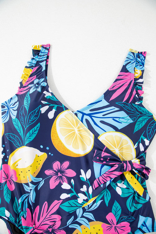 Navy Tropical Floral Plus Size V-Neck Wrap Knot Ruffled One-Piece Swimsuit