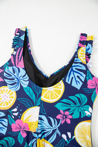 Navy Tropical Floral Plus Size V-Neck Wrap Knot Ruffled One-Piece Swimsuit