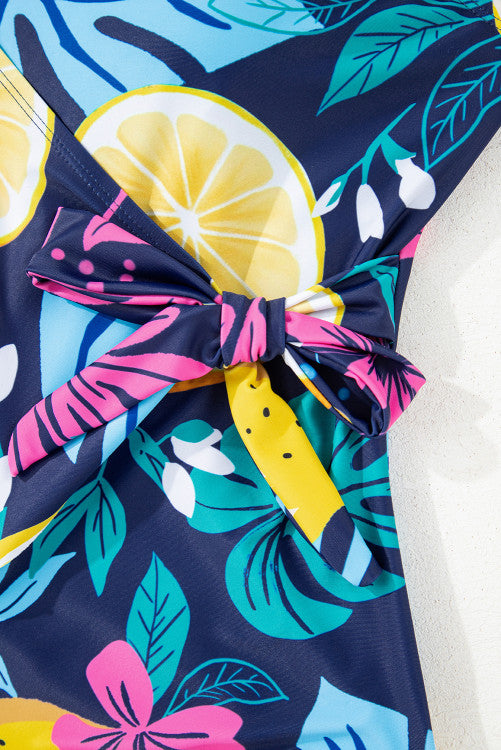 Navy Tropical Floral Plus Size V-Neck Wrap Knot Ruffled One-Piece Swimsuit