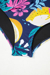 Navy Tropical Floral Plus Size V-Neck Wrap Knot Ruffled One-Piece Swimsuit