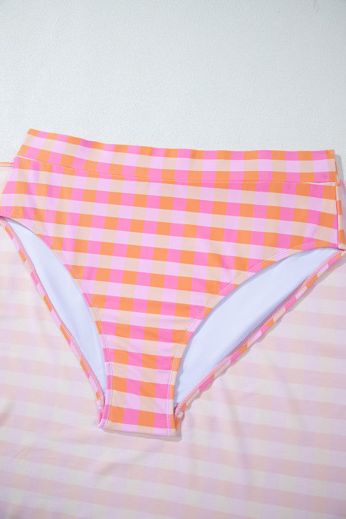 Pink Coral Plaid Plus Size High Waist Bottom Bikini Top with Sarong 3-Piece Set