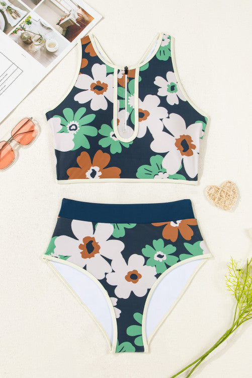 Navy Green Floral 1/4 Zip Racerback High Waisted Bikini Set