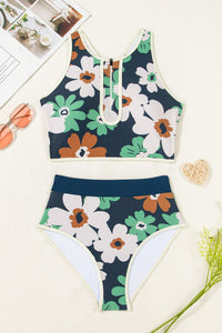 Navy Green Floral 1/4 Zip Racerback High Waisted Bikini Set