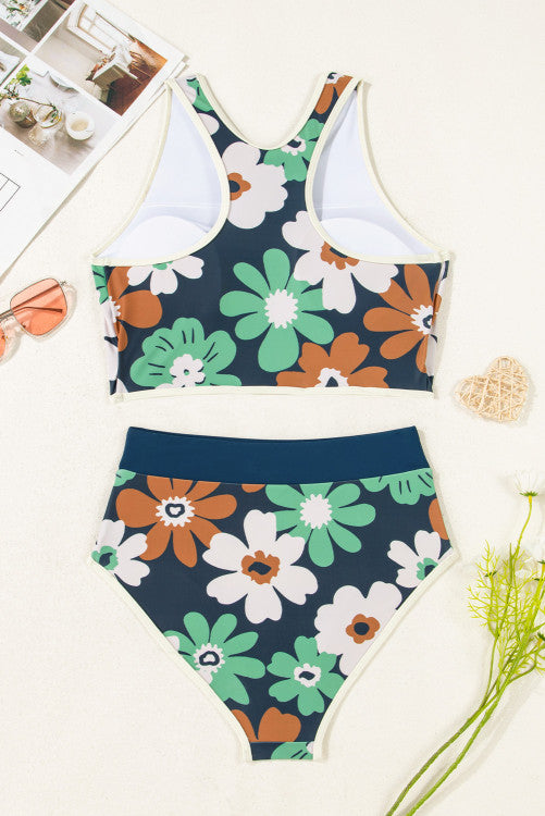 Navy Green Floral 1/4 Zip Racerback High Waisted Bikini Set