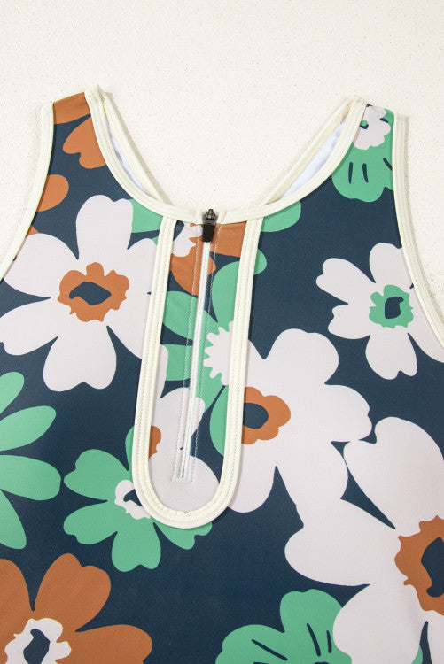 Navy Green Floral 1/4 Zip Racerback High Waisted Bikini Set