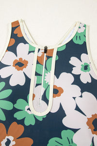 Navy Green Floral 1/4 Zip Racerback High Waisted Bikini Set