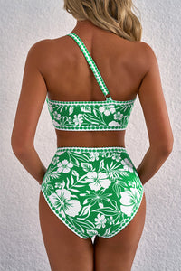 Green Floral Print One Shoulder High Waist 2-Piece Bikini