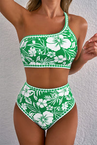Green Floral Print One Shoulder High Waist 2-Piece Bikini