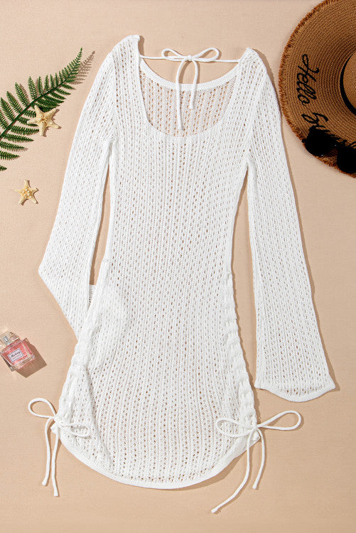 Open Knit Bell Sleeve Drawstring Short Beach Swimsuit Cover Up