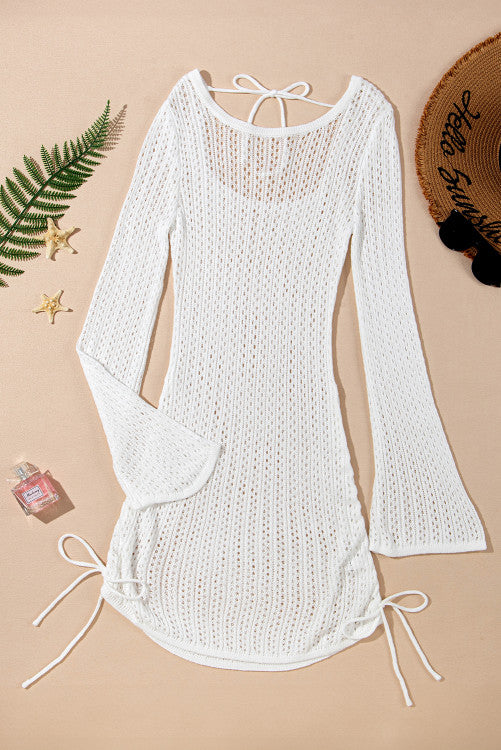 Open Knit Bell Sleeve Drawstring Short Beach Swimsuit Cover Up