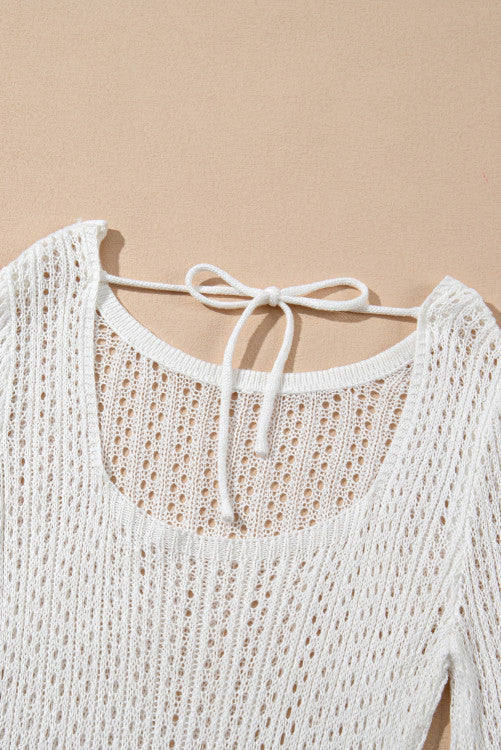 Open Knit Bell Sleeve Drawstring Short Beach Swimsuit Cover Up