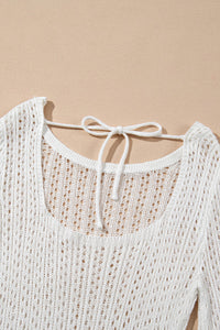 Open Knit Bell Sleeve Drawstring Short Beach Swimsuit Cover Up