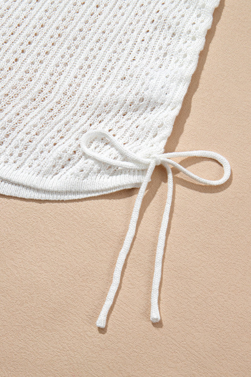 Open Knit Bell Sleeve Drawstring Short Beach Swimsuit Cover Up