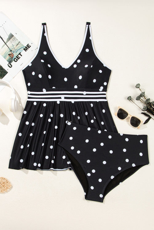 Plus Size Black Polka Dot V-Neck Babydoll Tankini 2-Pc. Swimsuit