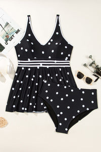 Plus Size Black Polka Dot V-Neck Babydoll Tankini 2-Pc. Swimsuit