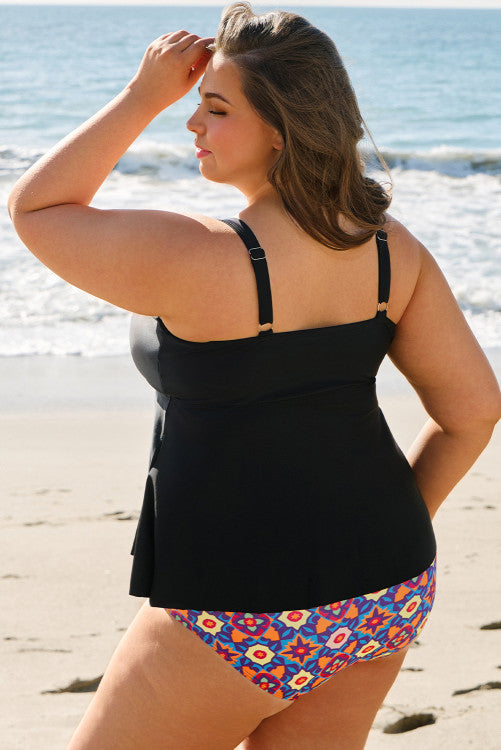 Plus Size Black Ruched Babydoll Tankini with Geometric Print Bottom 2-Pc. Swimsuit