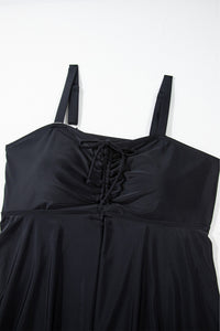 Plus Size Black Ruched Babydoll Tankini with Geometric Print Bottom 2-Pc. Swimsuit
