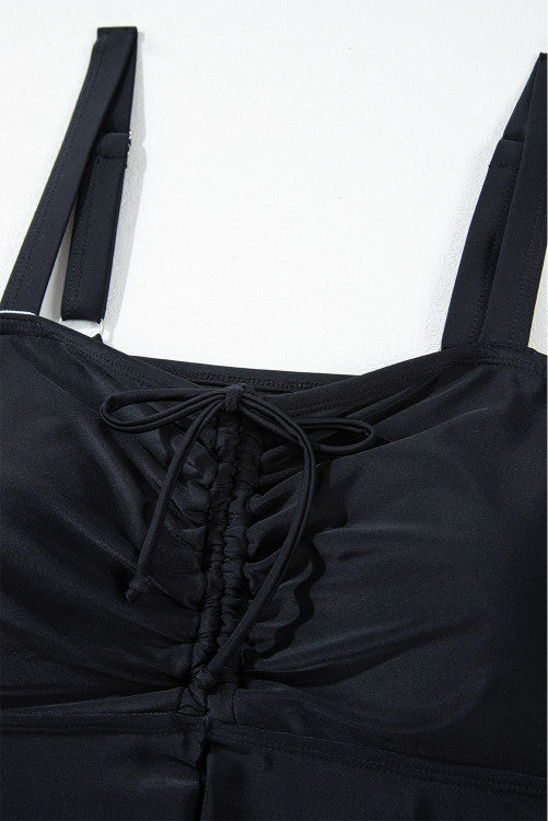 Plus Size Black Ruched Babydoll Tankini with Geometric Print Bottom 2-Pc. Swimsuit