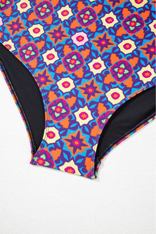 Plus Size Black Ruched Babydoll Tankini with Geometric Print Bottom 2-Pc. Swimsuit