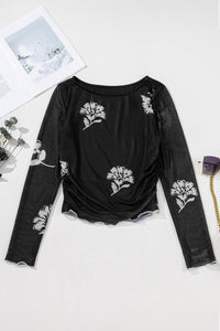 Black Floral Mesh Lettuce Edge Ruched Slim Long Sleeve Top