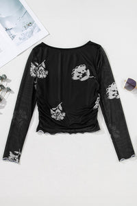 Black Floral Mesh Lettuce Edge Ruched Slim Long Sleeve Top