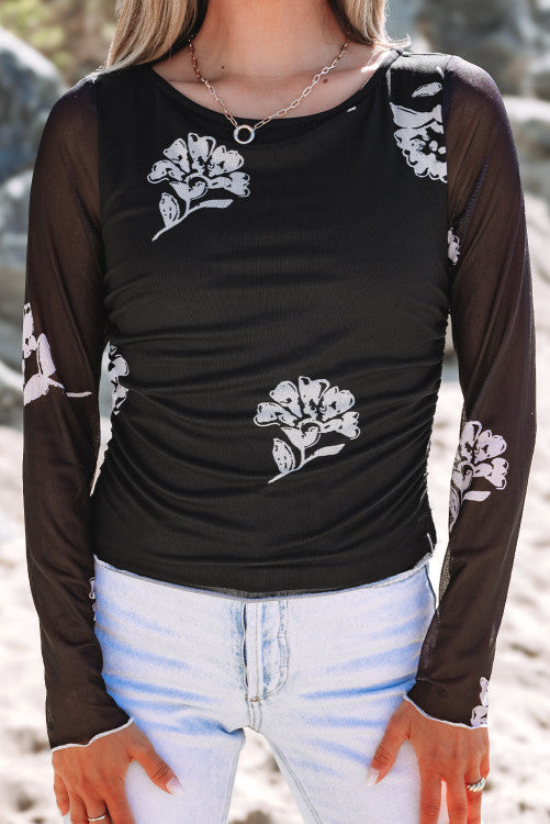Black Floral Mesh Lettuce Edge Ruched Slim Long Sleeve Top