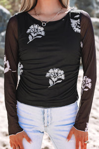 Black Floral Mesh Lettuce Edge Ruched Slim Long Sleeve Top