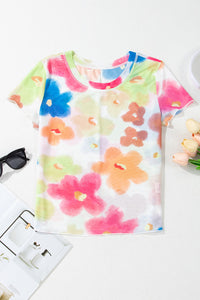 Multi Color Floral Sheer Mesh Cropped Tee