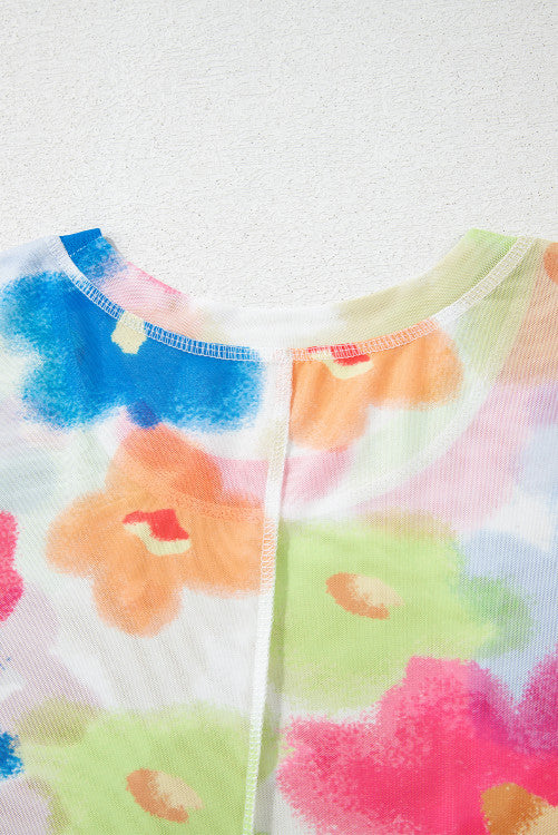 Multi Color Floral Sheer Mesh Cropped Tee