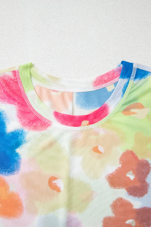 Multi Color Floral Sheer Mesh Cropped Tee