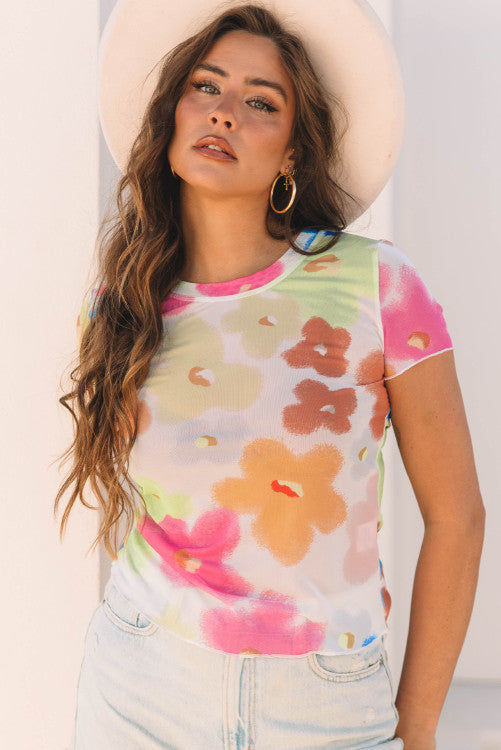 Multi Color Floral Sheer Mesh Cropped Tee
