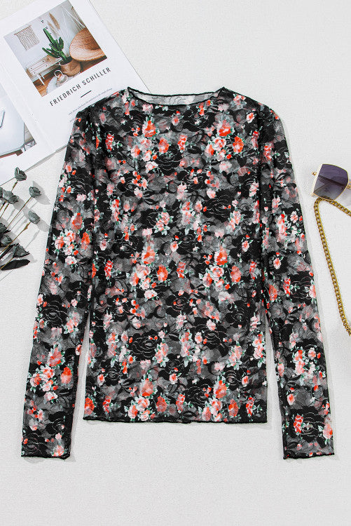 Black Red Floral Mesh Sheer Long Sleeve Top